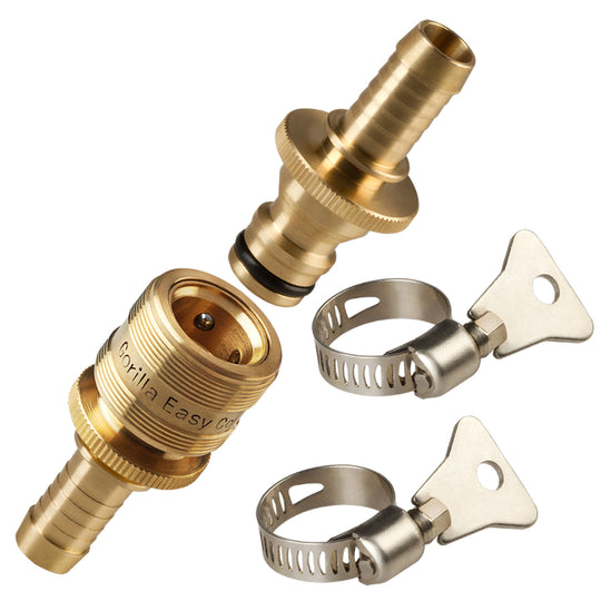 Gorilla Easy Connect Inline 1/2 inch male barb connector with female barbed quick connector, inline garden hose repair kit solid brass leak proof corrosion resistant gardening 3/4 GHT Garden Hose Thread Window Washing