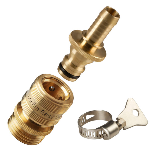Gorilla Easy Connect 1/2 inch male barb connector with female quick connector, inline garden hose repair kit solid brass leak proof corrosion resistant gardening 3/4 GHT Garden Hose Thread 
