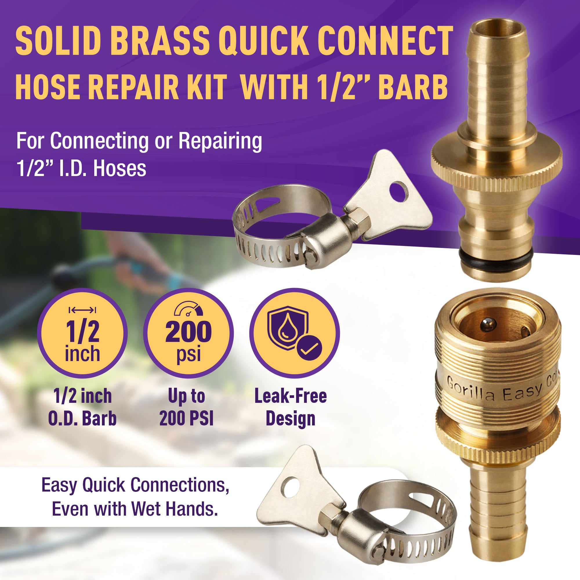 Gorilla Easy Connect Inline 1/2 inch male barb connector with female barbed quick connector, inline garden hose repair kit solid brass leak proof corrosion resistant gardening 3/4 GHT Garden Hose Thread Window Washing