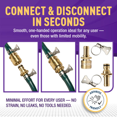 Gorilla Easy Connect Inline 3/4 inch male barb connector with female barbed quick connector, inline garden hose repair kit solid brass leak proof corrosion resistant gardening 3/4 GHT Garden Hose Thread Window Washing