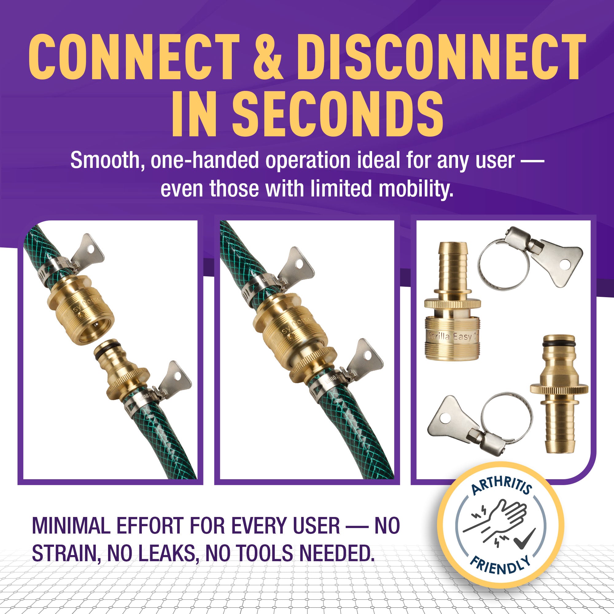 Gorilla Easy Connect Inline 5/8 inch male barb connector with female barbed quick connector, inline garden hose repair kit solid brass leak proof corrosion resistant gardening 3/4 GHT Garden Hose Thread Window Washing