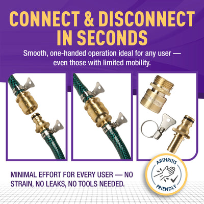 Gorilla Easy Connect 1/2 inch male barb connector with female quick connector, inline garden hose repair kit solid brass leak proof corrosion resistant gardening 3/4 GHT Garden Hose Thread