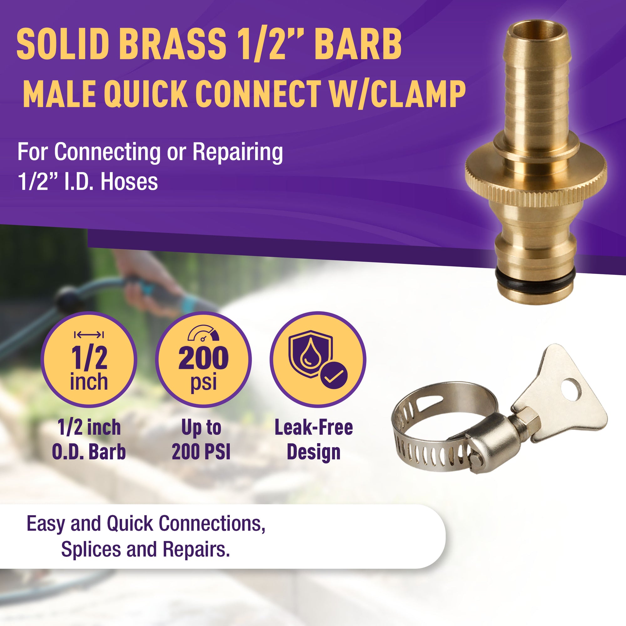 Gorilla Easy Connect 1/4 3/8 1/2 5/8 3/4 inch male barb connector for garden hose quick connect repair kits solid brass leak proof corrosion resistant gardening /4 GHT Garden Hose Thread Window Washing