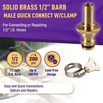 Gorilla Easy Connect 1/4 3/8 1/2 5/8 3/4 inch male barb connector for garden hose quick connect repair kits solid brass leak proof corrosion resistant gardening /4 GHT Garden Hose Thread Window Washing